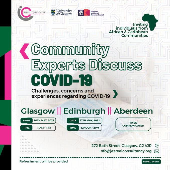 JezreelConsult's tweet photo. Counting down- 9 days to go!
Excited to be meeting with community experts in Edinburgh! 
@pRESPECT_ will be hosting community experts. We will be discussing concerns, challenges and experiences of COVID-19.
#Africancommunities
#Caribbeancommunities
#livedexperience
#codesigning https://t.co/XOQXlH9ONp