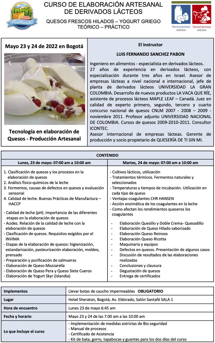 LacteosCarnicos's tweet image. ¡Quedan 2 semanas para la 7ª Feria Congreso TECNOLACTEOSCARNICOS ANDINA!

Durante la feria tendremos talleres prácticos, dictados por reconocidos expertos.
La participación en los talleres tiene un costo y está sujeta a cupos disponibles.
tecnolacteoscarnicos.com/talleres