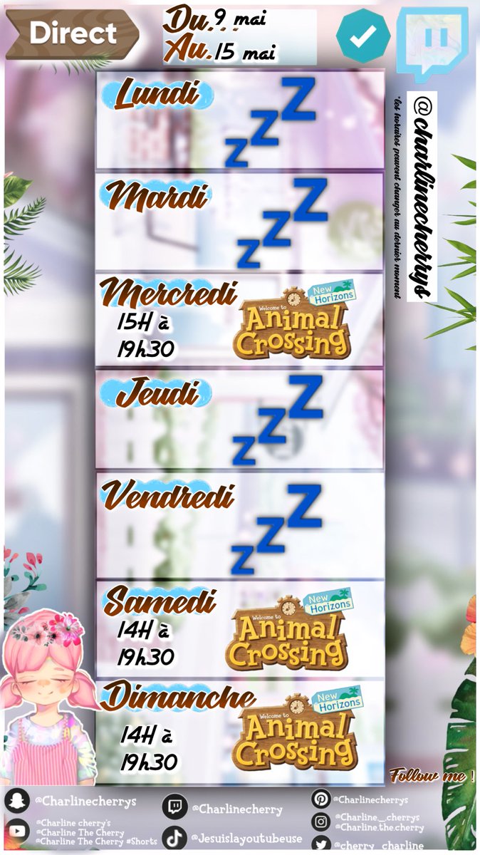 cherry_charline's tweet photo. PLANNING #Twitch de la semaine du 9 mai au 16 mai ! Je m’y mets moi aussi 🥹💕 les rt sont appréciés merci ♡ : https://t.co/4tP0zIszh7  #acnh #TwitchStreamers #twitch ✨ https://t.co/CkRVpAeiNL