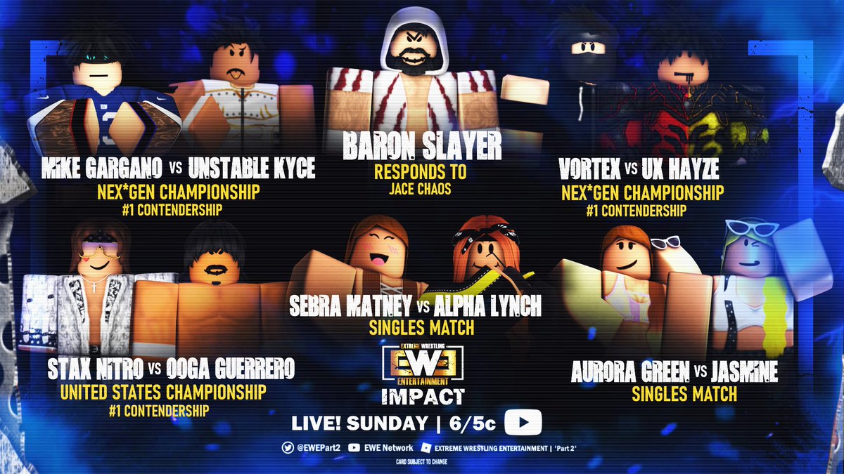 EWEPart2's tweet photo. iMPACT TONIGHT!
May 8th iMPACT matches/segments below!
@kedsheart finally responds to #JaceChaos after being on the receiving end of a vicious attack at #Catacombs2 https://t.co/4O1wHVbdg7