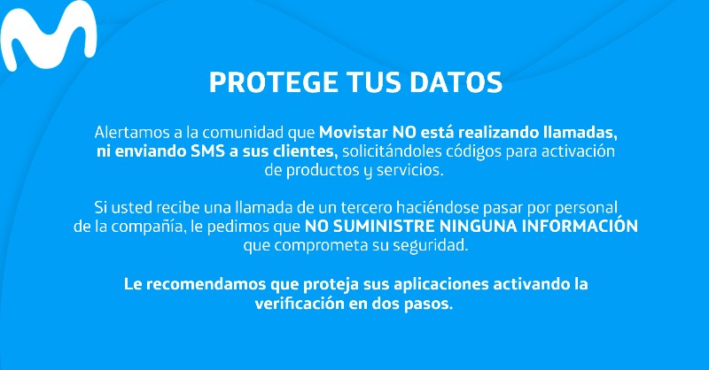 MovistarVe's tweet photo. ⚠️ ATENCIÓN ⚠️
Movistar informa que NO ESTÁ SOLICITANDO DATOS NI CÓDIGOS a sus clientes para ofrecerles productos y servicios. 

#ProtegeTusDatos con una segunda capa de seguridad de tu cuenta WhatsApp

Aquí te enseñamos cómo hacerlo 👇