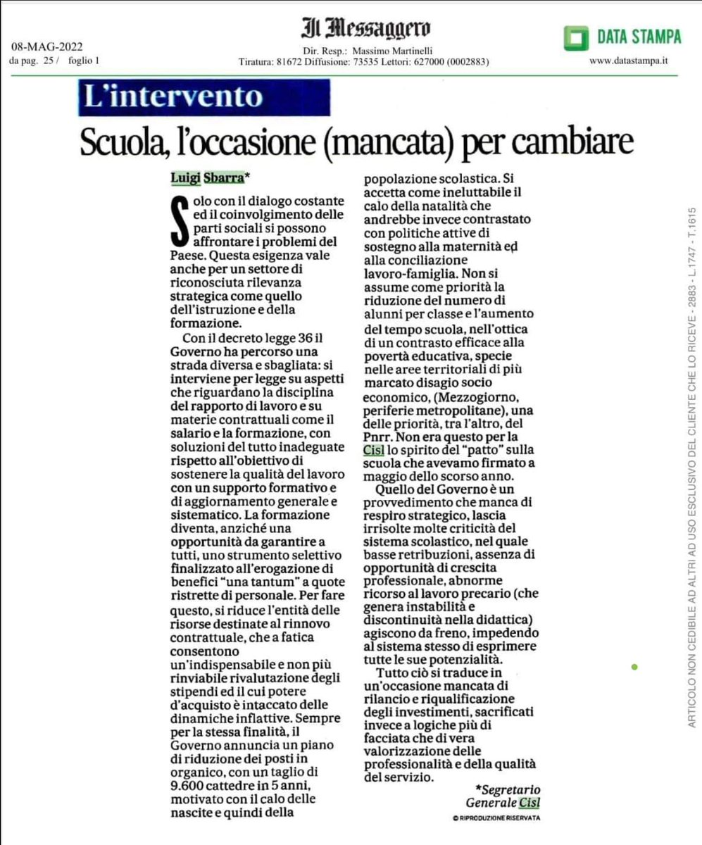 MaddalenaGissi's tweet photo. “Solo con il coinvolgimento delle parti sociali si possono affrontare i problemi del paese. Questa esigenza vale anche per il settore dell’istruzione e della formazione. Con il decreto legge 36 il governo ha percorso una strada diversa e sbagliata”: #LuigiSbarra su Il Messaggero https://t.co/psLfvjJfQ6