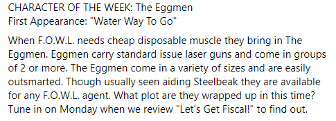 stcanardfiles's tweet photo. CHARACTER OF THE WEEK: The Eggmen
First Appearance: "Water Way To Go"
#darkwingduck #letsgetdangerous #FOWL #eggmen #steelbeak https://t.co/u7ZgCj9pLB