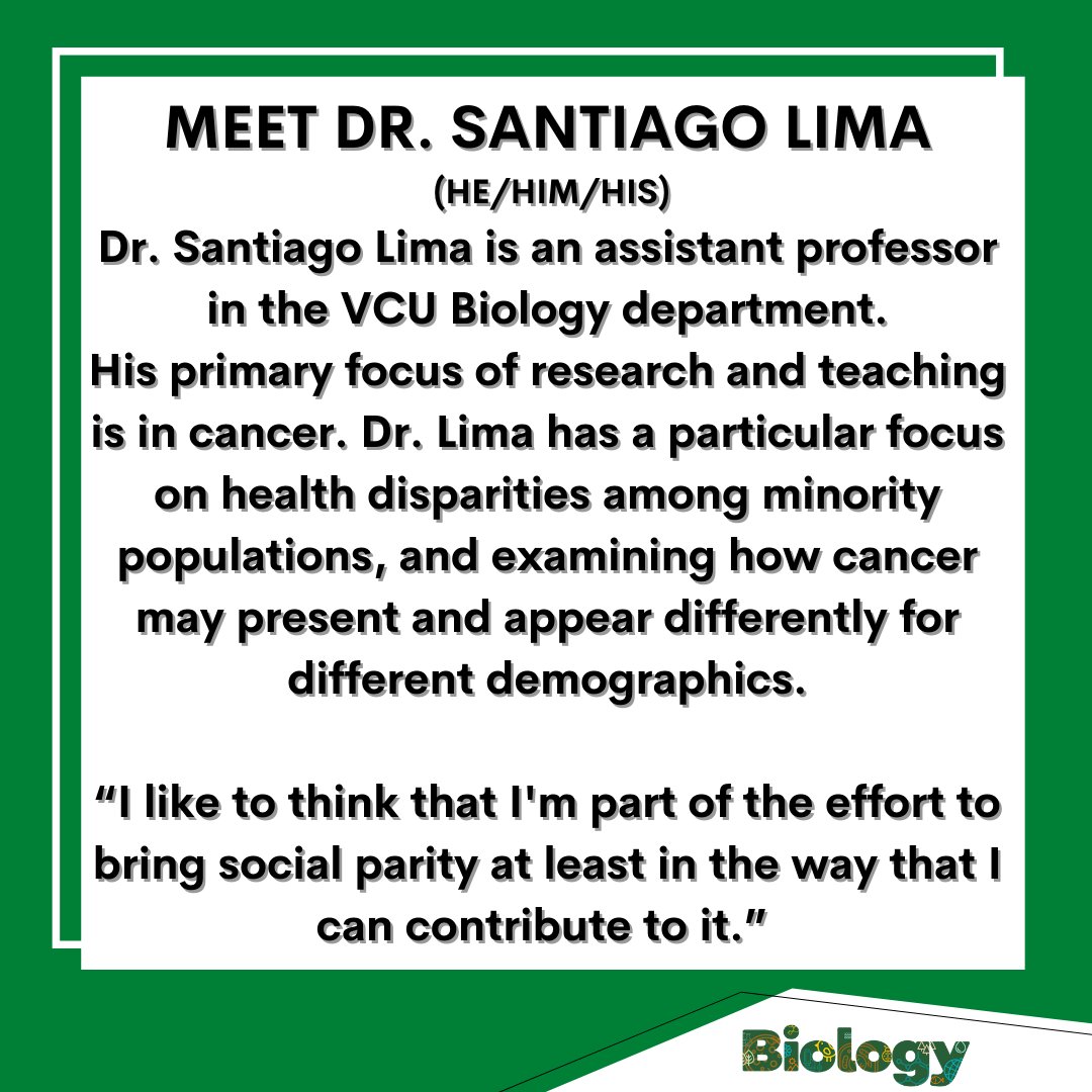 VCU_Biology's tweet photo. Dr. Santiago Lima(he/him/his) is an assistant professor in the VCU Biology Department. His primary focus of research and teaching is in cancer. Dr. Lima has a particular focus on health disparities among minority populations. #vcubiology https://t.co/XFUG9MsHxu