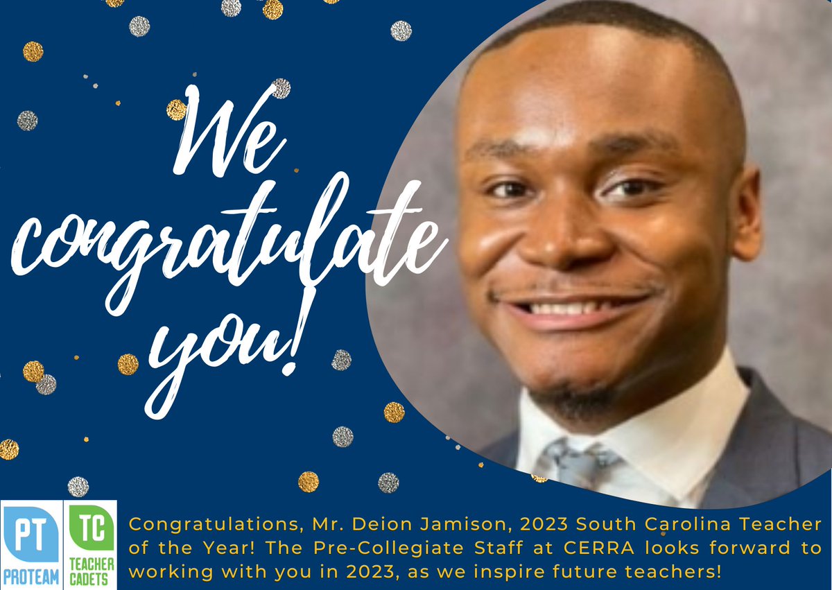 cerrasc's tweet photo. CONGRATULATIONS, DEION JAMISON!
Deion is our 2022-2023 South Carolina Teacher of the Year as announced May 4th at the South Carolina Teacher of the Year Gala. To learn more, click the link below. #SCTOY
https://t.co/HZ9RBeaL8m https://t.co/4vsbHPU9VU