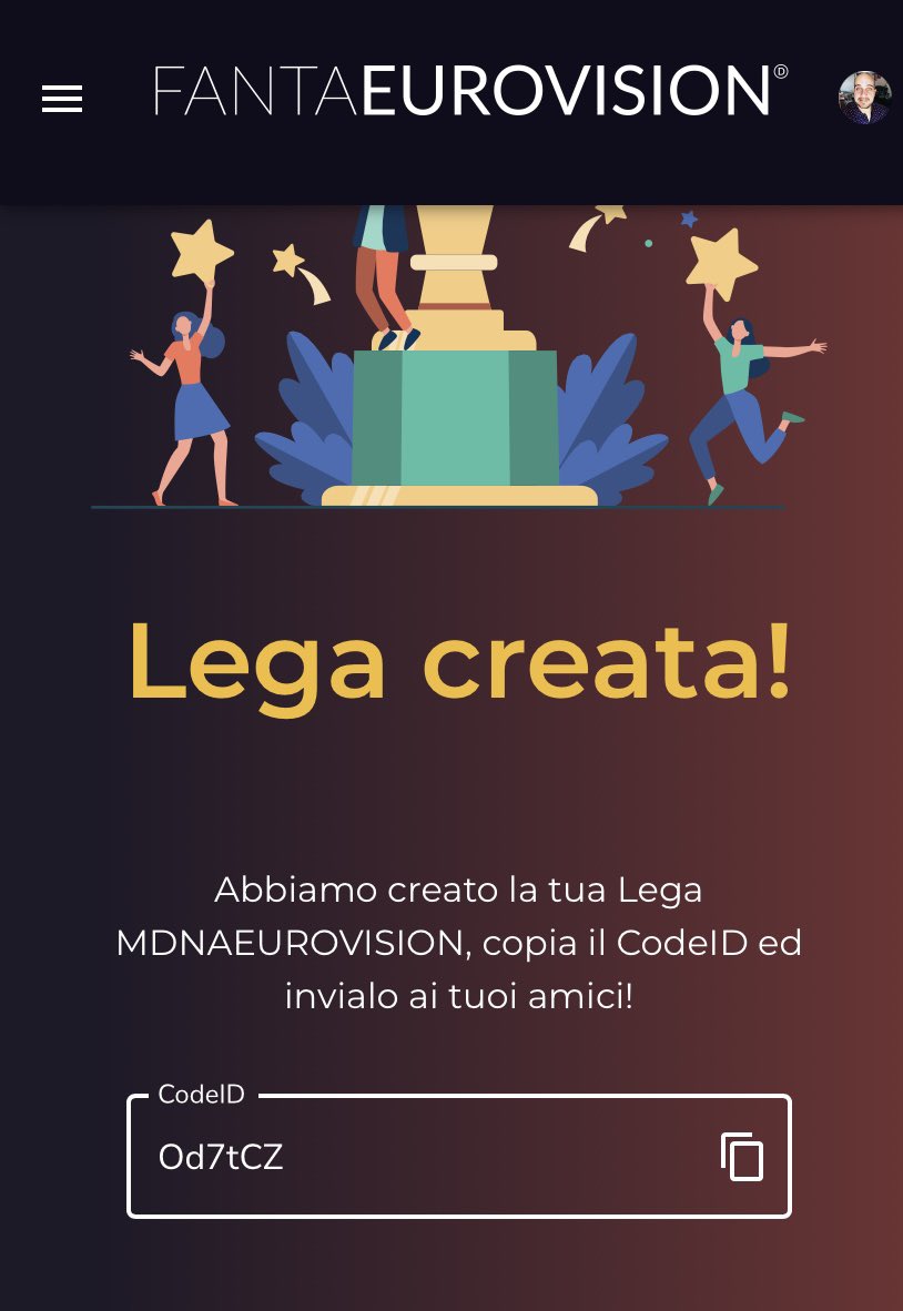 AddessoAngelo's tweet photo. Codice Od7tCZ !! Vi aspetto nella mia Lega #Eurovision #EUROVISION #Eurovision2022 #EurovisionAgain #Eurovision2022 https://t.co/JU25UD6bfc