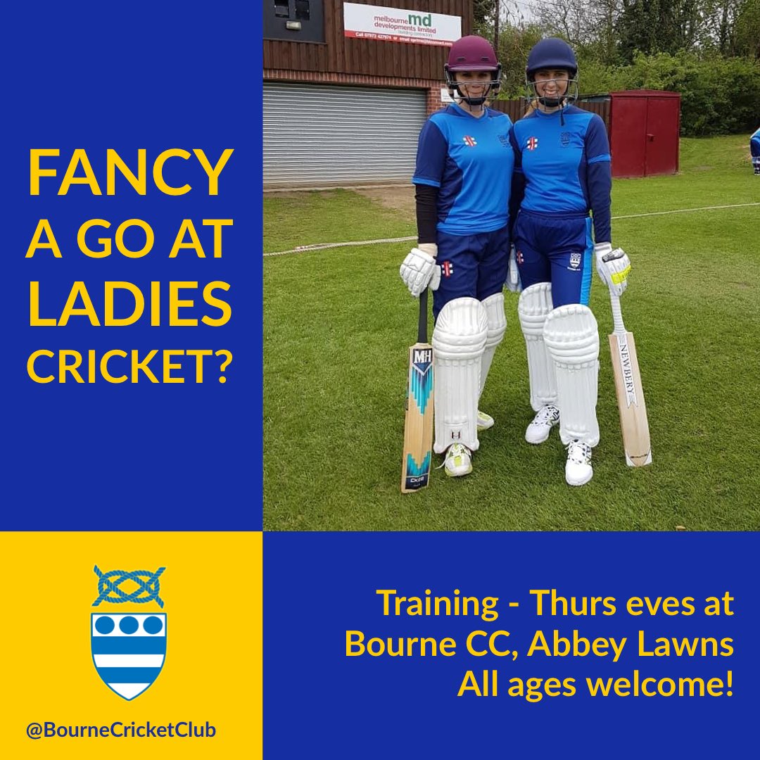 BourneCC's tweet photo. Fancy trying out a bit of ladies cricket at Bourne CC? They train every Thursday evening at Abbey Lawns and would love to hear from you! Lots of optional social things to get involved in too ๐คฉ
Contact @jayne_cornwell for more information ๐
#BourneCC https://t.co/WB1GKqq4hJ