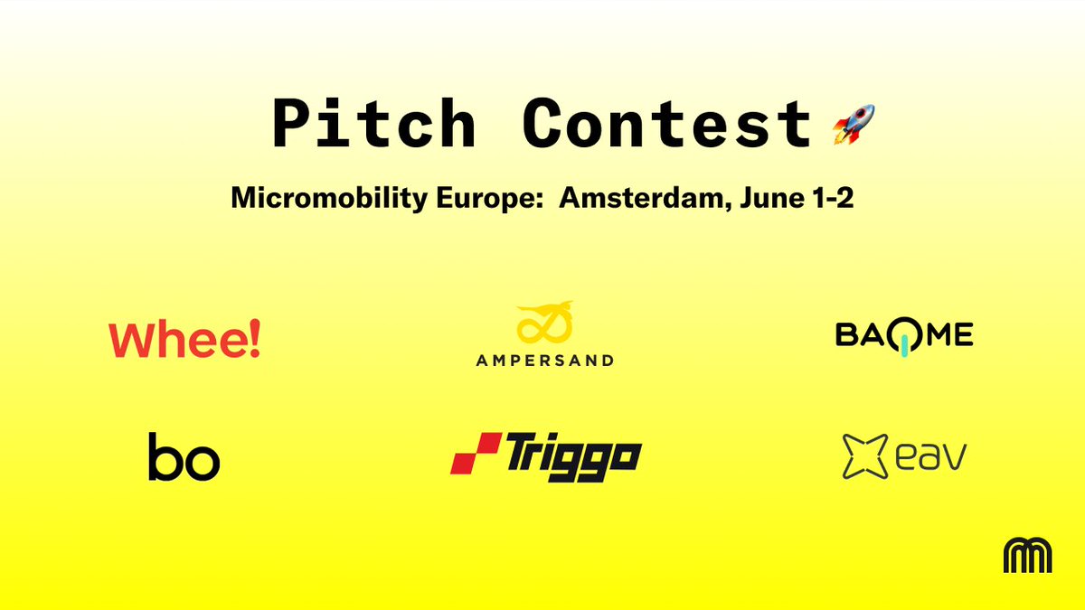 Announcing Micromobility Accelerate AMS ⚡️🚲

We’re bringing together six early-stage startups🌱 for an unmissable pitch contest showcasing some of the most cutting-edge tech in micromobility. Meet the finalists:

🇳🇴 Whee!
🇷🇼 Ampersand
🇳🇱 BAQME
🇬🇧 Bo Mobility
🇵🇱 Triggo
🇬🇧 EAV