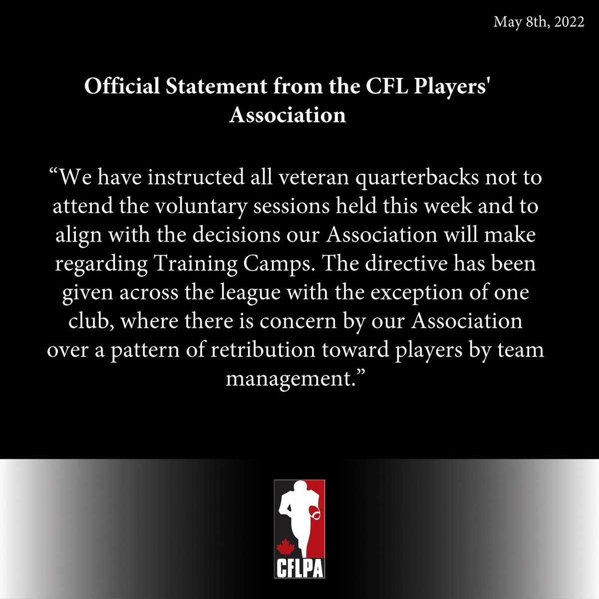 Official Statement from #TeamCFLPA - May 8th, 2022

#CFLPA #CFL