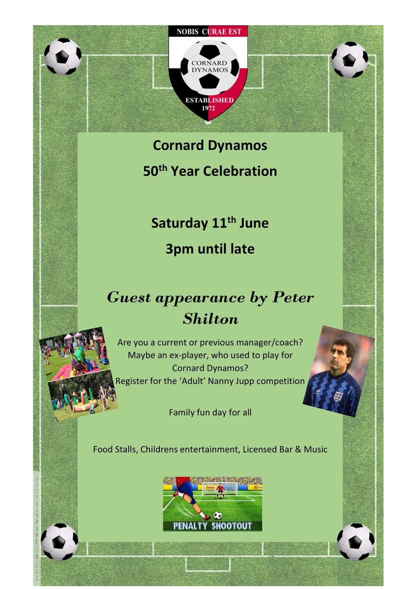 dynamos_cornard's tweet photo. Cornard Dynamos FC  - 50th Year Celebration

Saturday 11th June - 3pm until late

Guest appearance by Peter Shilton

Are you a current or previous manager/coach? Or perhaps an Ex player who used to play for Cornard Dynamos? https://t.co/xw1ujL0DX2