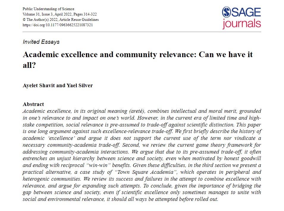 SciPublic's tweet photo. Special issue essay on 'Academic excellence and community relevance: Can we have it all?'
By Ayelet Shavit &amp; Yael Silver

#scicomm 
https://t.co/toaPkP4a30 https://t.co/9eUMOJzTzE