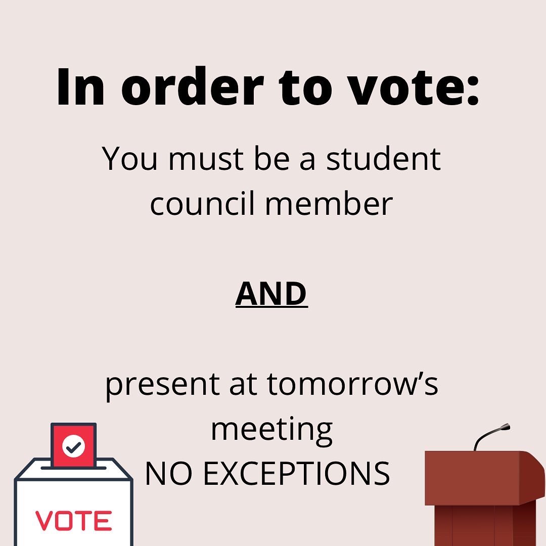 Tomorrow at our Student Council meeting, elections for the 2022-2023 board will be held. There will be speeches and then a vote. Meeting will be in room 221, unless there are changes.
Good luck to all the members running for office!