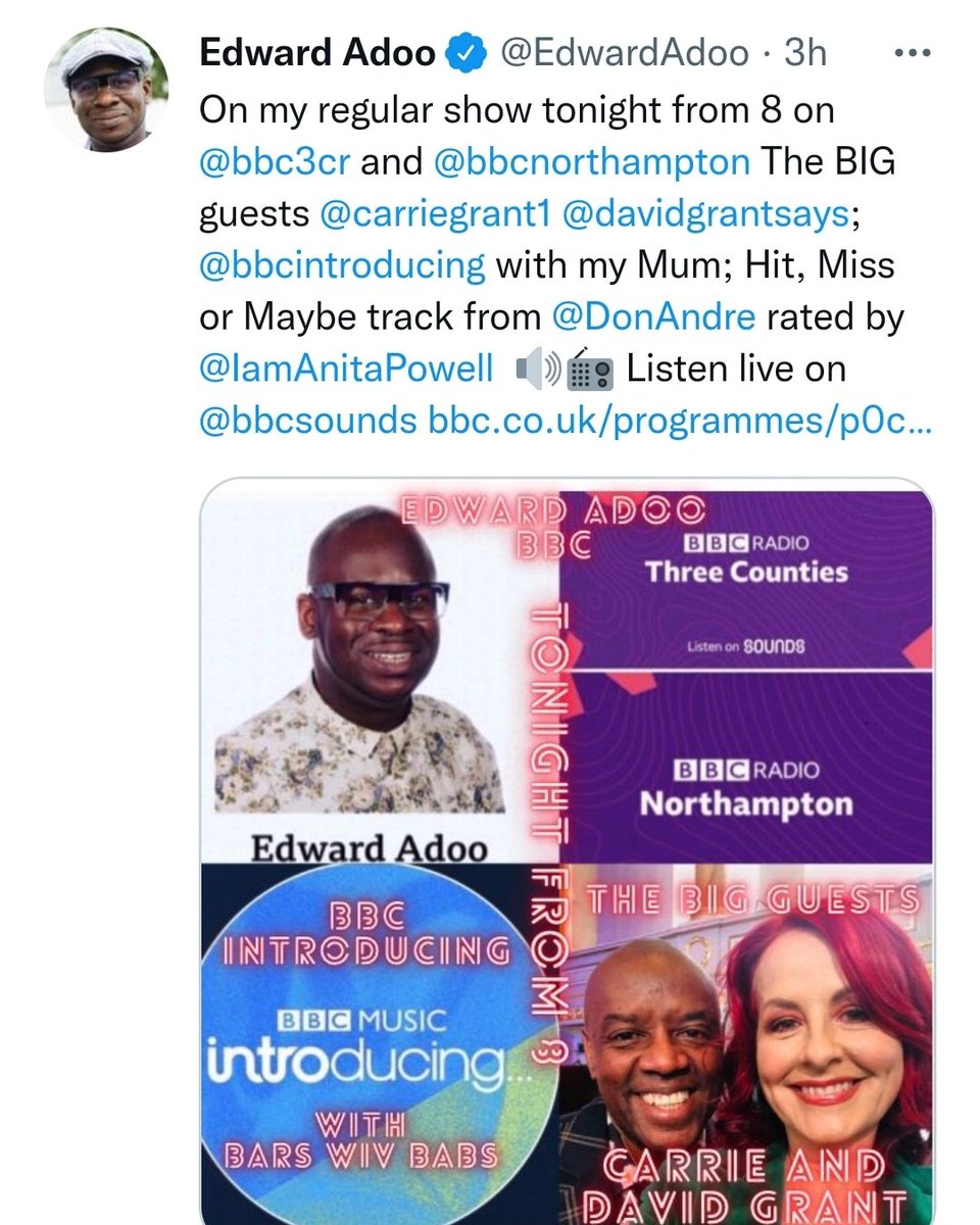IamAnitaPowell's tweet photo. Looking forward to appearing on @edwardadoo #bbc3cr #bbcnorthampton tonight rating tonights tune. https://t.co/yLvlWDsVbX