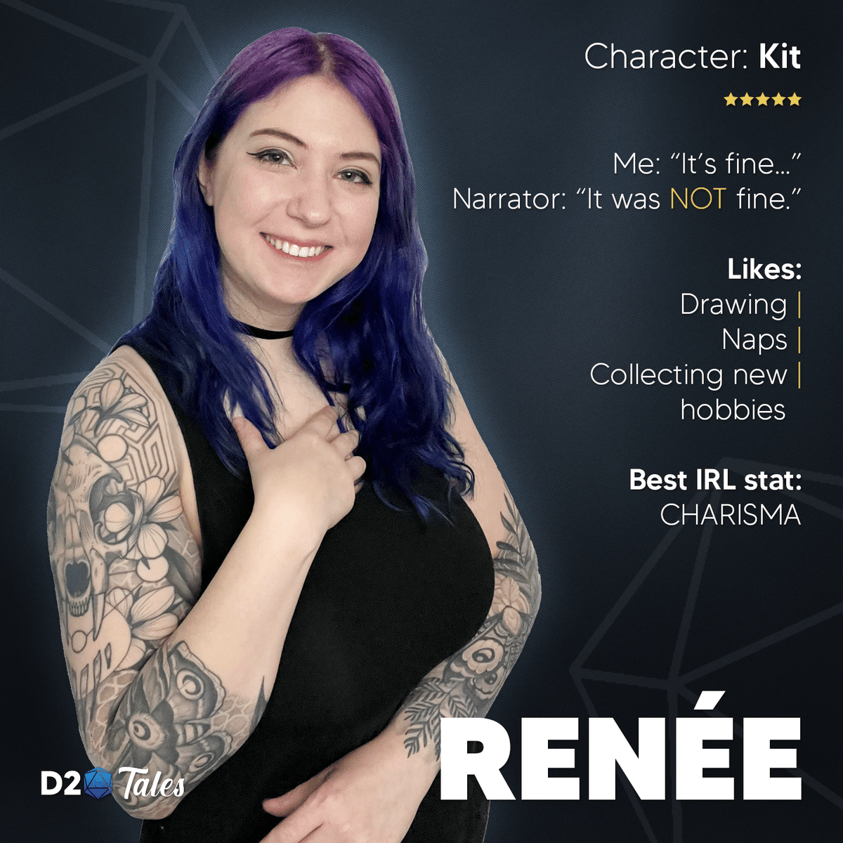 D20Tales's tweet image. Oh Hey There Renée!👋 Did you know Renée is a 
fine connoisseur of #tressym art. There's a theory running around that she's never seen with the same color hair twice. #DnD #ttrpg