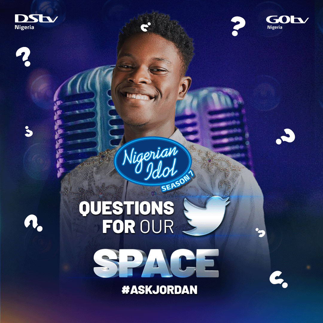 Nigerianidol's tweet photo. We will be hosting Jordan on our Space tomorrow at 10:30 WAT. Got any questions to ask him? Ask in the comments using the hashtag #AskJordan and he might just get to answer them. Use the link here 👉🏾https://t.co/Kj4LPxGCAF to schedule and listen in. #NigerianIdol https://t.co/RM66UhX3rZ