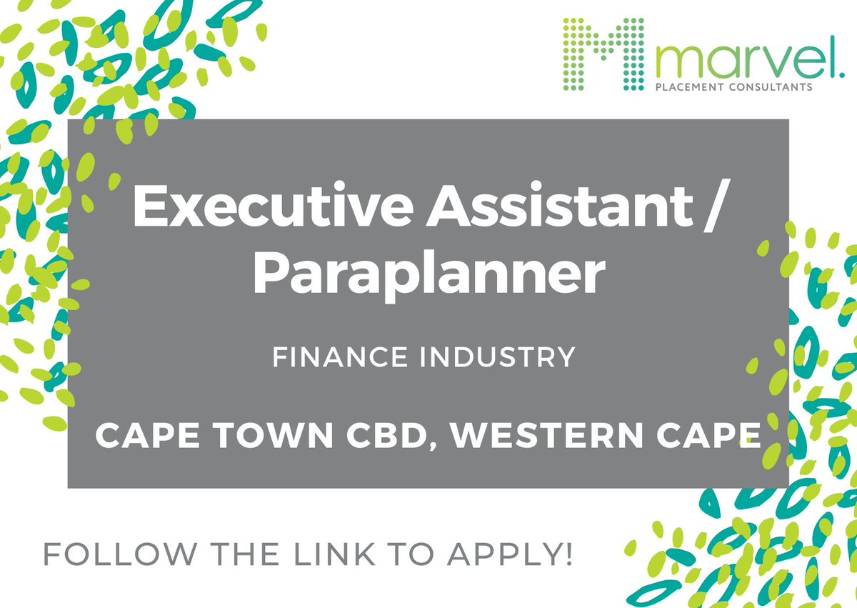 #jobalerts

#Executive_Assistant / #Paraplanner in Cape Town CBD, Western Cape.

Apply -> webapp.placementpartner.com/wi/vacancy?id=…

#vacancyalert #vacancy #hiring #jobs #recruitment #careers #recruiting #job #jobsearch #WesternCape #CapeTown #CBD #FinanceIndustry #Paraplanner #ExecurtiveAssistant