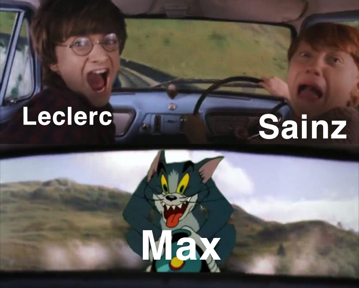 Leclerc largando na pole, seguido pelo companheiro Sainz e logo atrás Max Verstappen, na imagem em versão meme com personagens de Harry Potter e Tom & Jerry