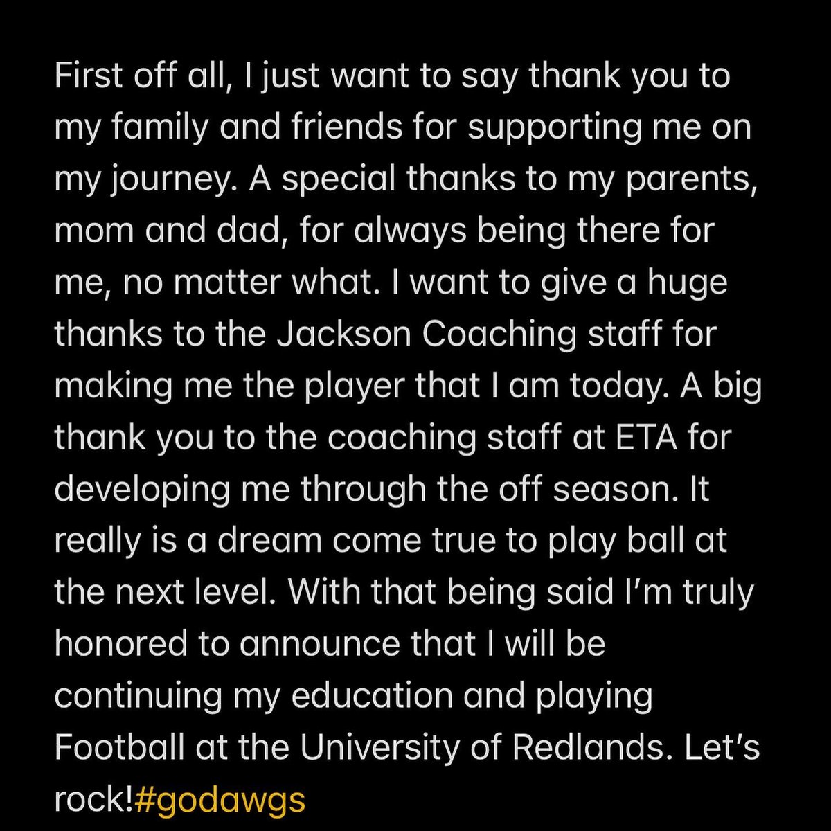 DoganJadin's tweet photo. I’m excited and honored to announce that I will be committing to the University of Redlands. Cant wait to start a new chapter! @UR_CoachGood @UofR_Football @BrandonHuffman @CoachMMMoore https://t.co/uxws0GW4Hw