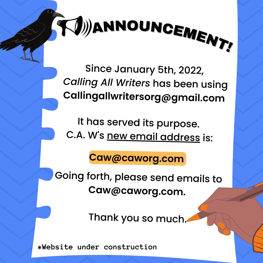 CAWorg's tweet photo. May flowers are not the only thing April showers have brought. We have a new email, woo! Going forth, please email us at Caw@caworg.com. Thank you so much! 😀
#CAW #Writerscommunity #Writersgroup #Writerslife #Newemail #Writersoftwitter #Writing https://t.co/f0eUYeMqLQ