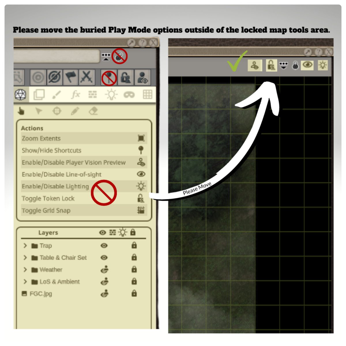 FGACommunity's tweet image. Please move the @FantasyGrounds2 Unity "Play Mode" options outside of the locked area for much quicker access more visibility. Vote for on Idea Informer, please. Vote here: zcu.io/ALSc #maptools #rpg #vttrpg #virtualtabletop