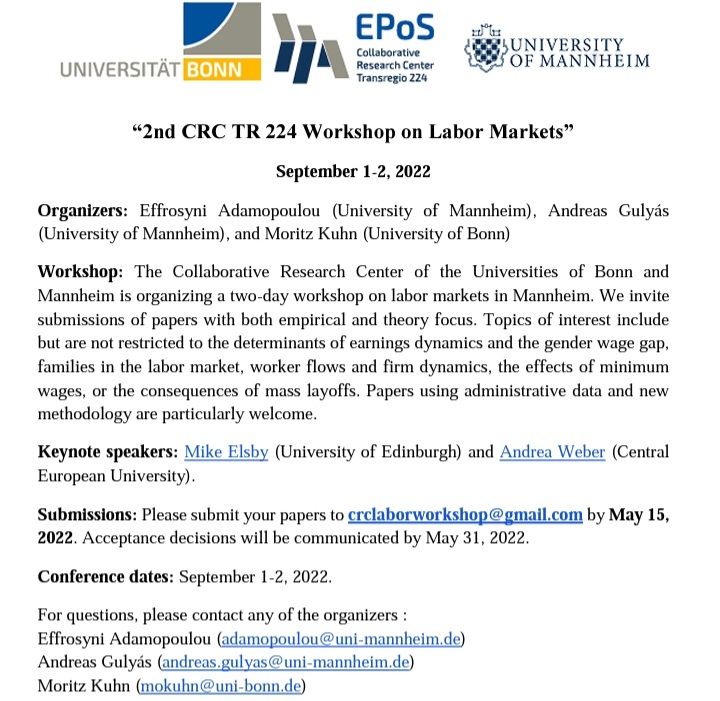 EfiAdamopoulou's tweet photo. Goodbye Minneapolis! It has been a great #SOLE2022 and a perfect occasion to meet #EconTwitter! If you are working on #labor do not forget to apply to the @EPoS224 workshop that I co-organize with @andreas_gulyas and @kuhnmo. Deadline May 15. Call for papers๐ https://t.co/e09hv87hy2