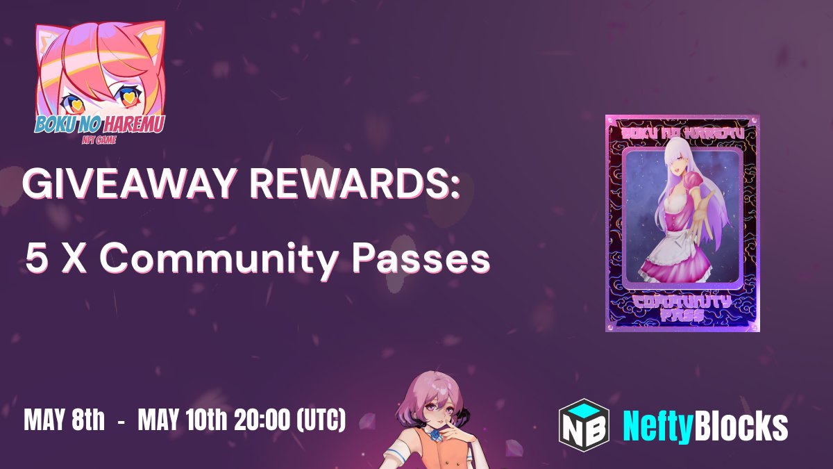 🎉 New #giveaway with @bokunoharemu 

Win one of these five Community Passes!
5 x Community Passes

Follow @bokunoharemu   &amp;  <a href="/neftyblocks/">NeftyBlocks</a> 

Like, RT and Tag 2 friends
Comment your WAM. Ends in 48H!

bokunoharemu.com

#giveaway #neftyblocks #bokunoharemu