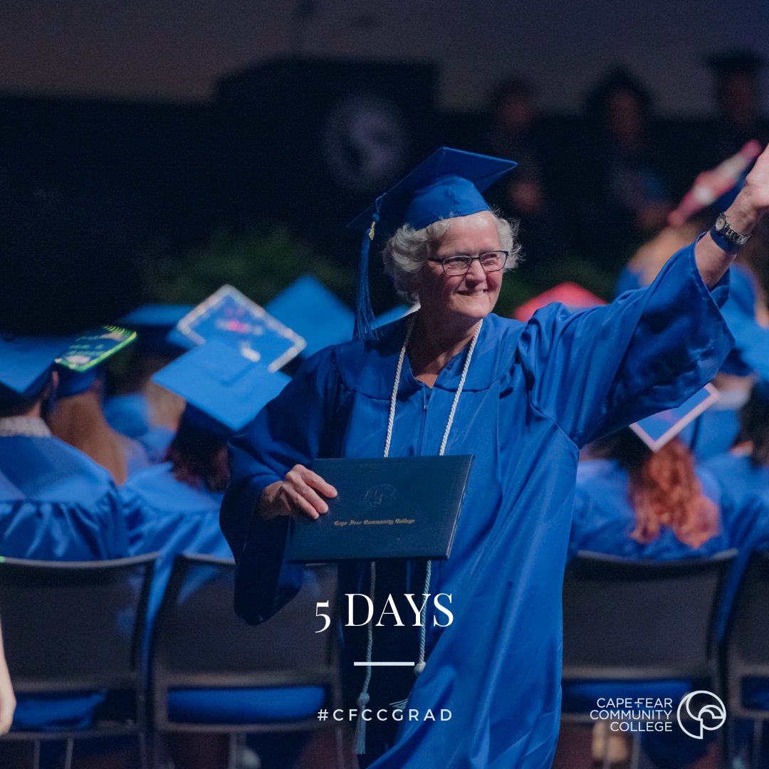 cfcc's tweet photo. Only five more days until graduation! Con-GRAD-ulations!  🎓🎉#cfccgrad #capefearcc #cfcc4me #thefinalcountdown https://t.co/oTrZlSXl1q