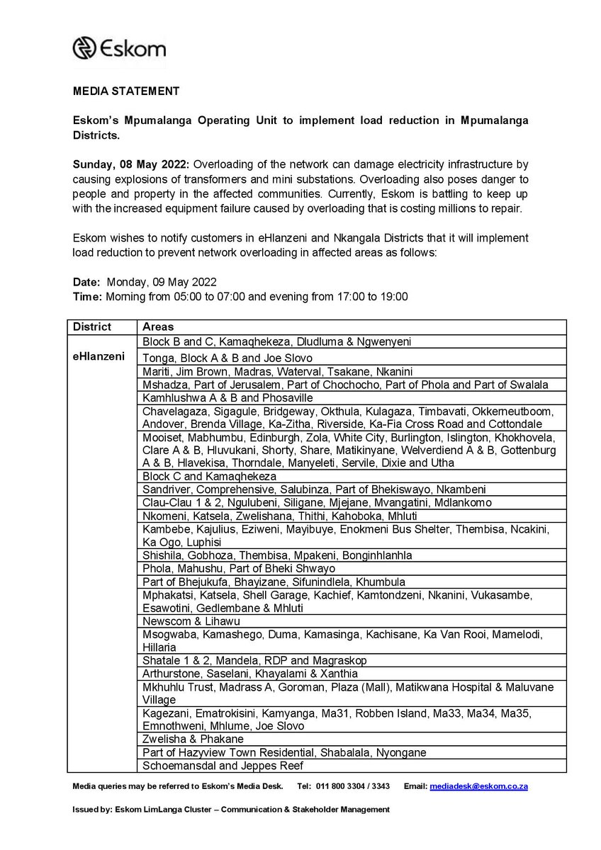 Eskom_SA's tweet photo. Eskom Load Reduction Notice 

Date:  8 May 2022 

#EskomMpumalanga 

Please see below the provincial statement with details and areas that will be affected by load reduction tomorrow morning, from 05:00 to 07:00 and again tomorrow evening from 17:00 to 19:00. https://t.co/jQfzj2hhmQ