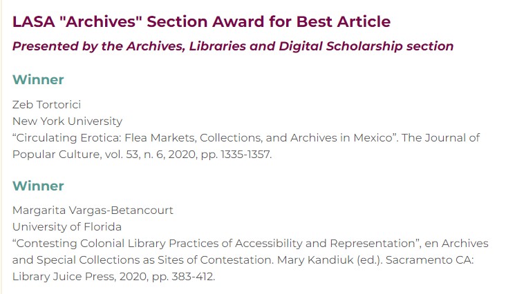 LASA Archives, Libraries & Digital Scholarship (@lasaresearch) on Twitter photo Congratulations to the winners of our LASA "Archives" Section Award for Best Article
Margarita Vargas-Betancourt and <a href="/zebtortorici/">Zeb Tortorici</a>
lasaweb.org/en/2022-sectio… Congratulations to the winners of our LASA "Archives" Section Award for Best Article
Margarita Vargas-Betancourt and <a href="/zebtortorici/">Zeb Tortorici</a>
lasaweb.org/en/2022-sectio…