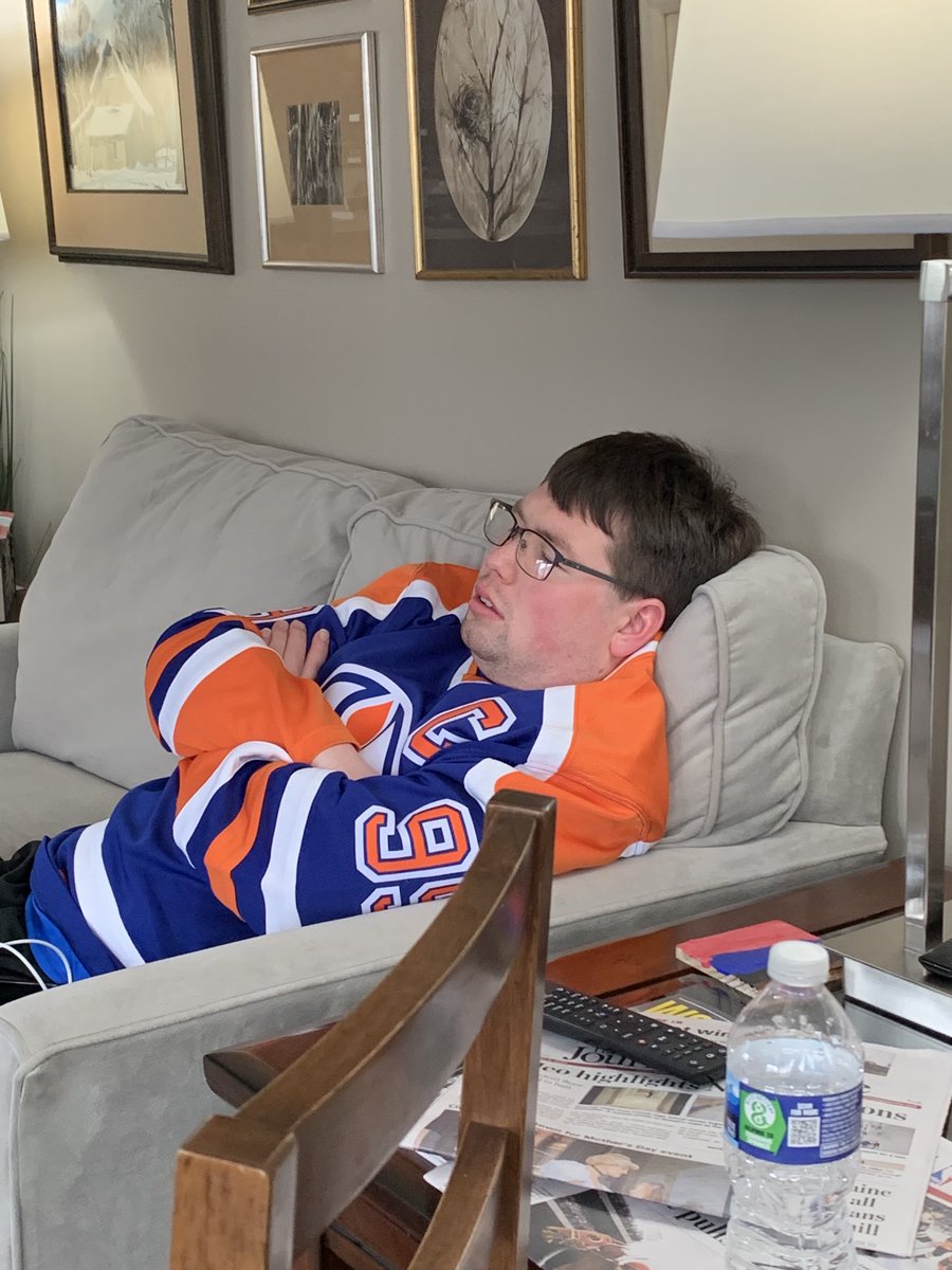 redwingroballen's tweet photo. We’re Wings fans, but we’re cheering for the ⁦@EdmontonOilers⁩ so we can keep seeing Ben.  Now it’s time for a game day nap.  Go Ben! https://t.co/2Vy3glRE0o
