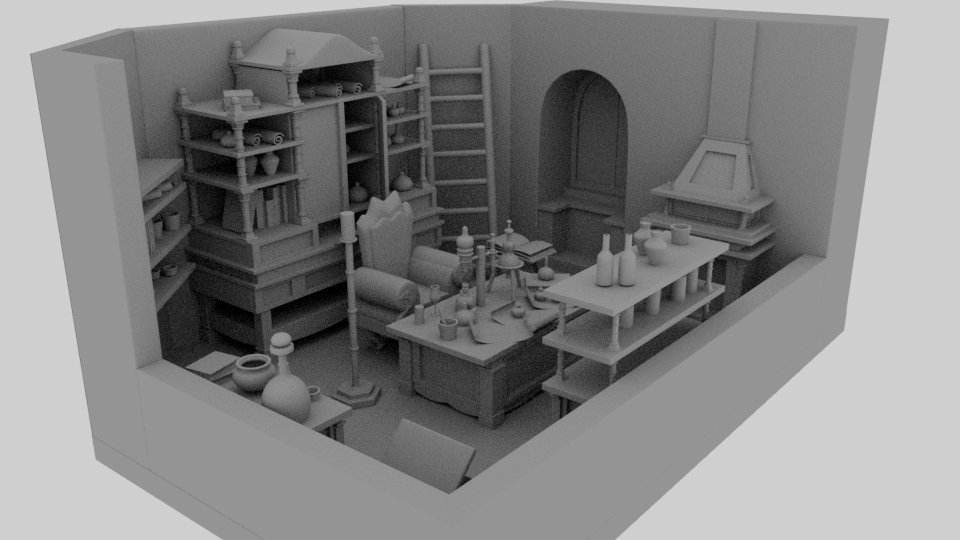 Pauly6212's tweet photo. Es un render a muy baja calidad, pero bueno, os enseño un bocetito de una habitación de un alquimista que estoy haciendo en 3D. https://t.co/Ngjj2hhnTS