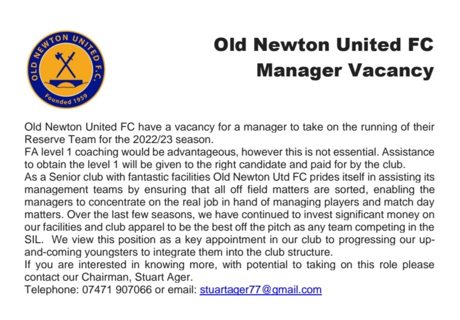 OldNewtonUnited's tweet photo. Old Newton United FC are looking to appoint a new reserve management team ahead of the new season. If you would like a chat about the position and our vision for the role, please get in touch 🦎🦎 @SuffolkFA @SILHQ @GreenUn24 https://t.co/PGWYXZVSsm