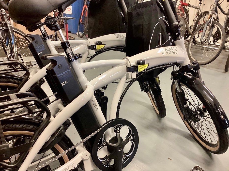 cycleshack25's tweet photo. All ship shape and Bristol fashion … two electric bikes ready for collection. Fancy test riding this very popular folding model? Drop in and ask for the Volt Metro! #tryvolt #Volt #VoltMetro #Metro #ebikes #electricbike #madeintheuk #cycling #cyclinguk #citycycling #bristol https://t.co/lBMXhvZW5Z