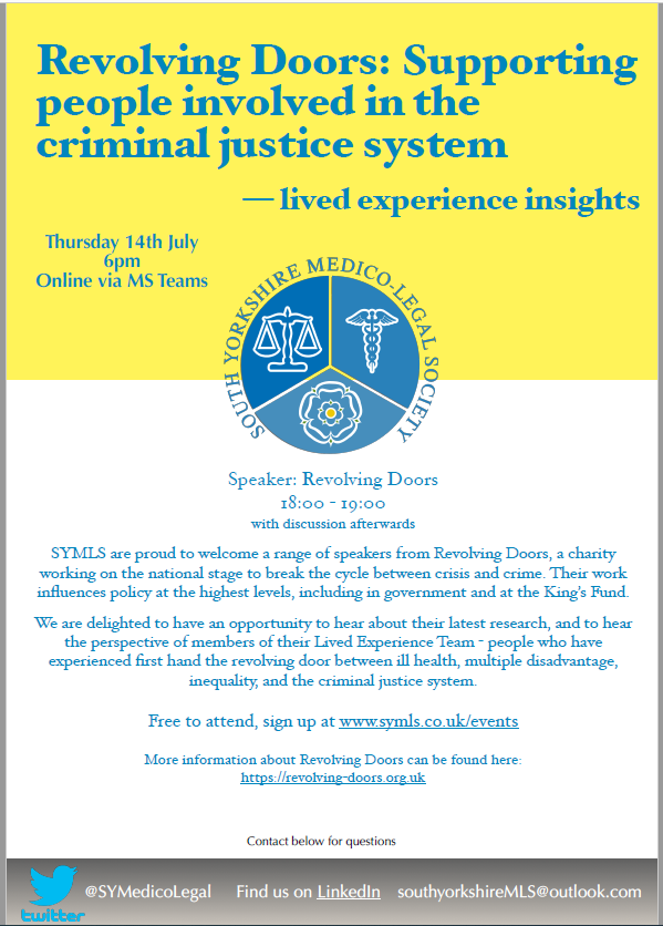 Our last seminar for this academic year is being delivered by <a href="/RevDoors/">Revolving Doors</a>, a national charity working to end the revolving door of crisis and crime. 
Not to be missed! ⚠️ #SYMLS #Seminar