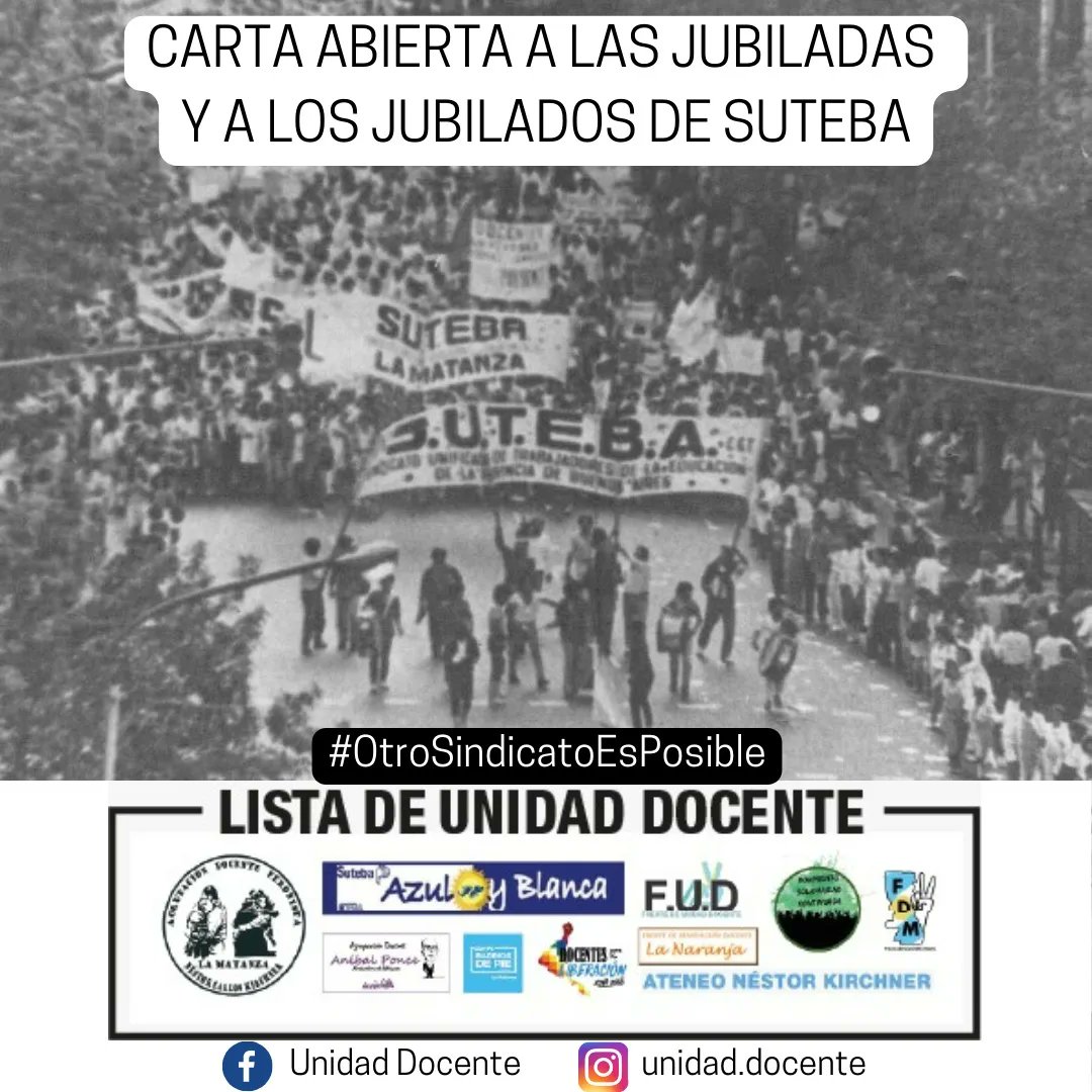 Unidad_Docente_'s tweet photo. CARTA ABIERTA A LAS JUBILADAS Y A LOS JUBILADOS DE SUTEBA
Ver y descargar 👉 [https://t.co/pAb44FrodD] https://t.co/v1GqAd7Q1u