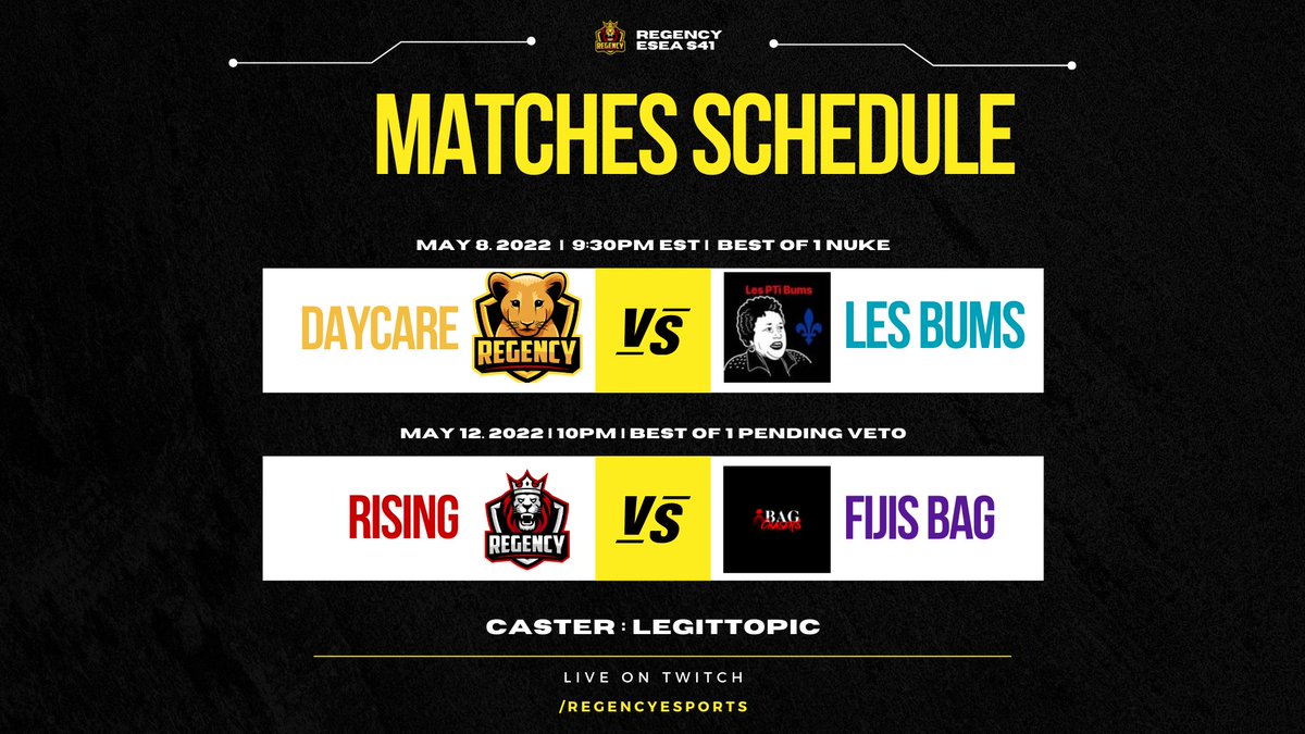 LIVE NOW: Regency Daycare vs LES PTI Bums
twitch.tv/regencyesports