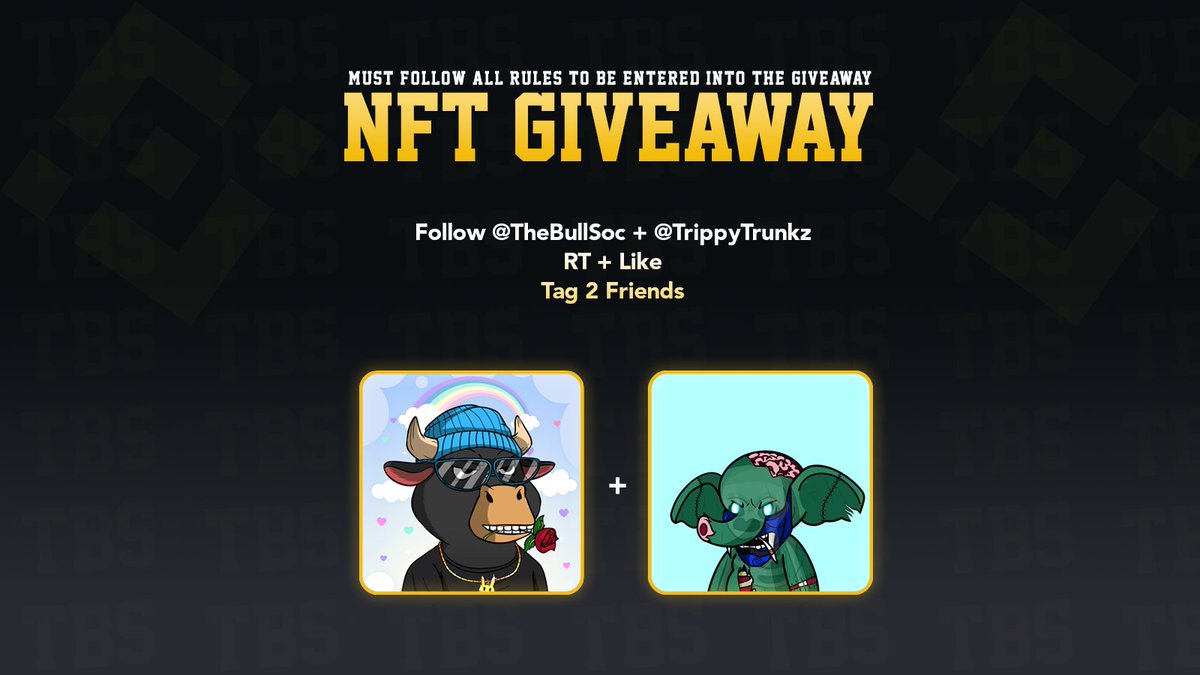 #BNB NFT Giveaway 🎁

🐂 Follow <a href="/TheBullSoc/">The Bull Society 🔶🐂</a> + <a href="/TrippyTrunkz/">Trippy Trunkz: Quest for the Ivory Club</a> 
🐘 Retweet + Like
🚀 Tag 2 #NFT Friends

⏲️ Ends In 48 Hours
