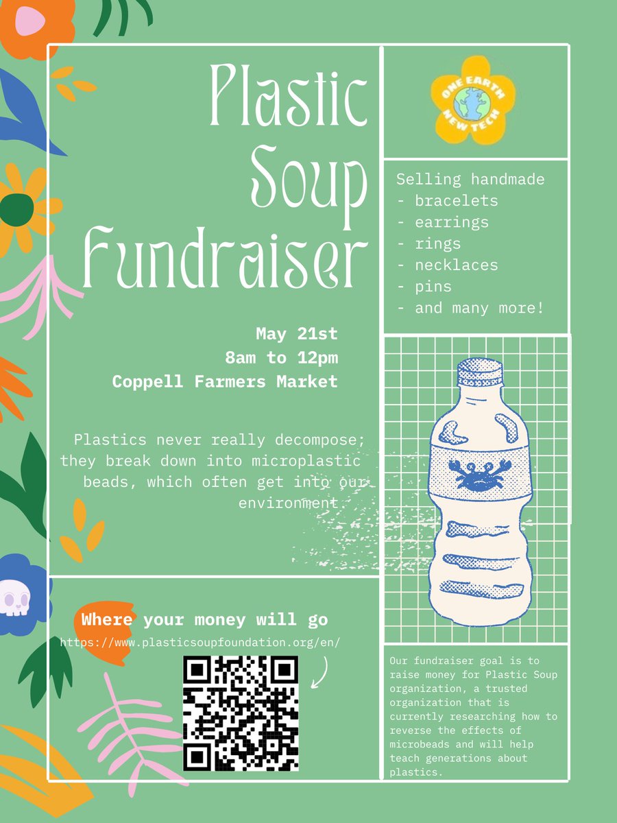 Next Saturday, One Earth club at <a href="/NewTechCoppell/">New Tech High @ Coppell</a>  is hosting a fundraiser at the Coppell Farmer Market! whooo! Our goal is to decrease the use of plastics and micro beads by supporting a trusted organization that is doing so. Please visit our booth, we would love to see you there