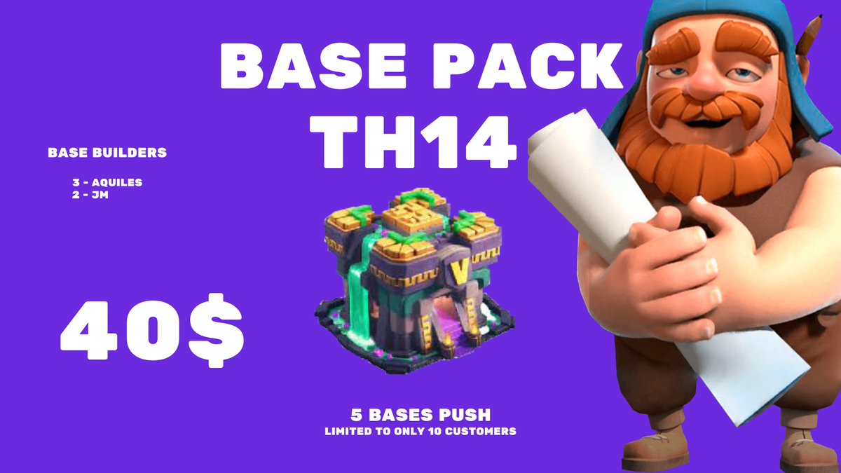 5x TH14 Push base pack🔥
—— 3x : 
<a href="/AquilesCoC/">Aquiles CoC</a> 
 
—— 2x : 
<a href="/JMnePai/">jm final boss</a> 

-
❗ $40 usd for the 5 bases
❗ Limited to 10 slots
❗ DM Jmnepai or Aquiles on Twitter/Discord for info
-
Bases are heavily tested against the current meta.
