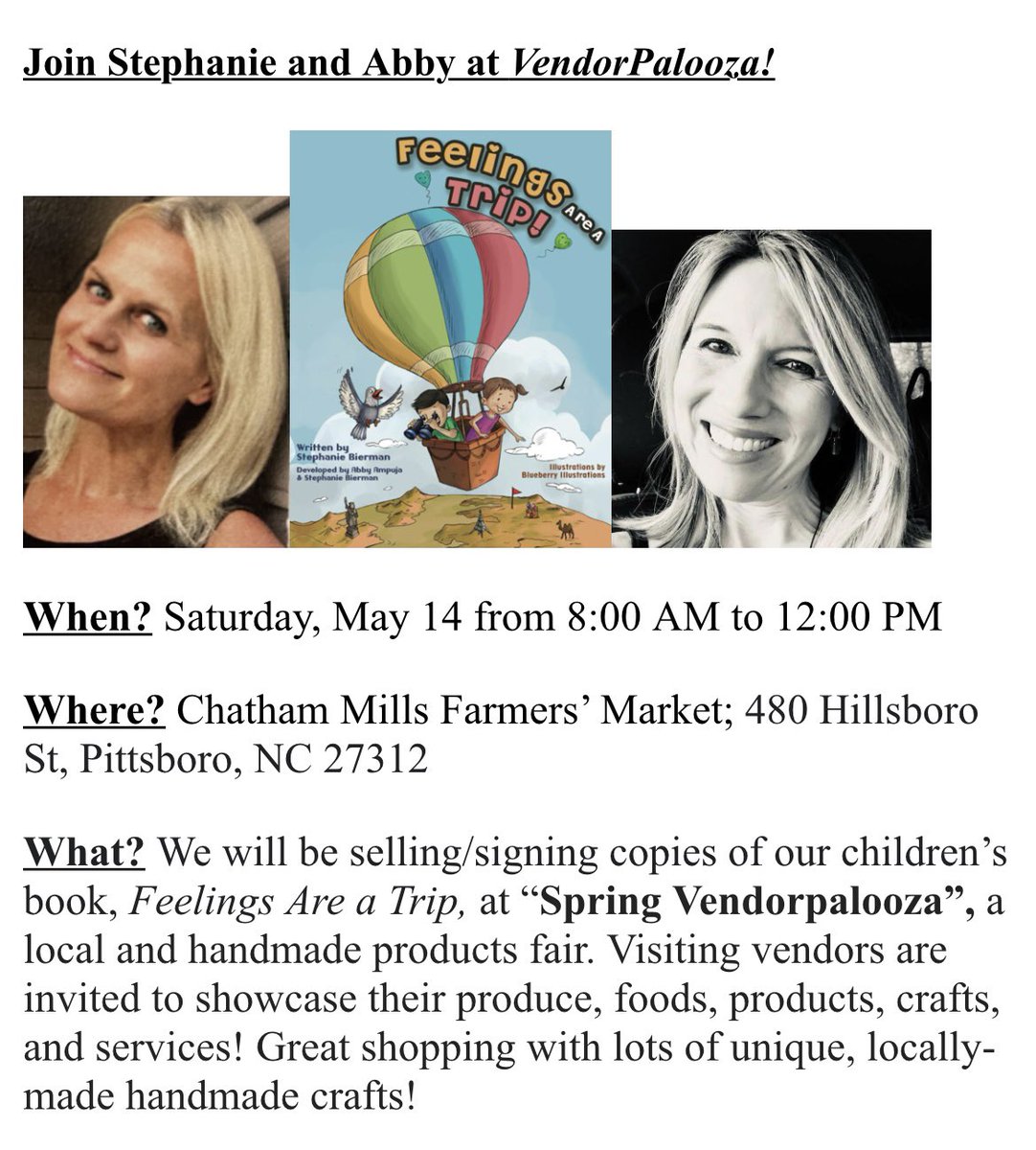 We’re excited to take our book “on the road!” We’ll be at Spring Vendorpalooza next Saturday, 5/14 from 8am-12! Come check out this fun event and get a signed copy of “Feelings Are a Trip!” If you can't make it but want to order the book: amazon.com/dp/B08PX94Q2J/… Hope to see you!