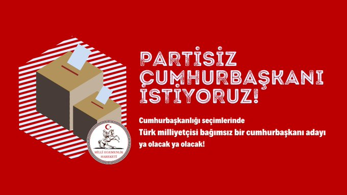 💥 Millî Egemenlik Hareketi: Partisiz cumhurbaşkanı istiyoruz. 

"Cumhurbaşkanlığı seçimlerinde Türk milliyetçisi bağımsız bir cumhurbaşkanı adayı ya olacak ya olacak!"