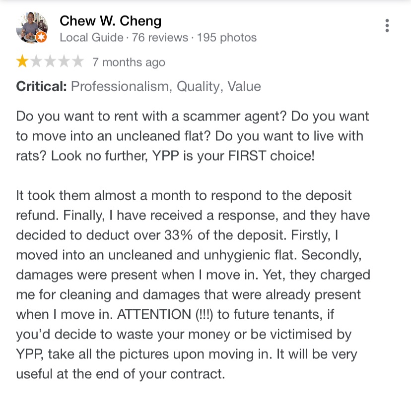 Chew “Do you want to rent with a scammer agent? Do you want to move into an uncleaned flat? Do you want to live with rats? Look no further, YPP is your FIRST choice!”

YPP Lettings YPP_Lettings not affiliated with or connected to any similarly-named individuals or brands Apollo
