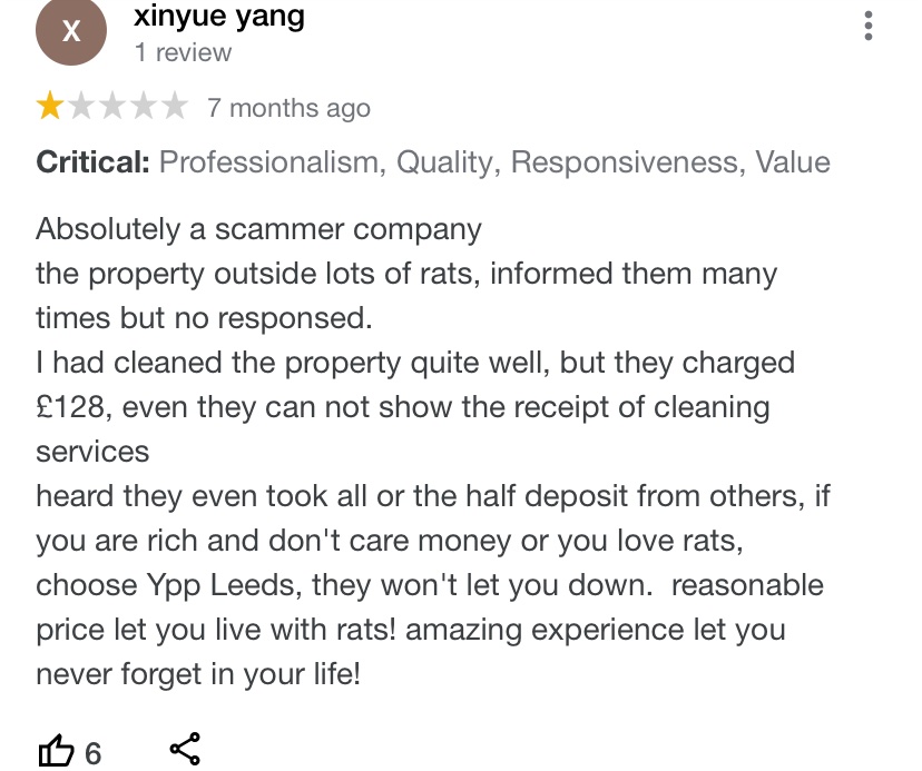 Xinyue “Absolutely scammer company the property outside lots of rats, informed them many times but no responsed. I had cleaned the property quite well, but they charged £128”

YPP Lettings YPP_Lettings not affiliated with or connected to any similarly-named individuals or brands