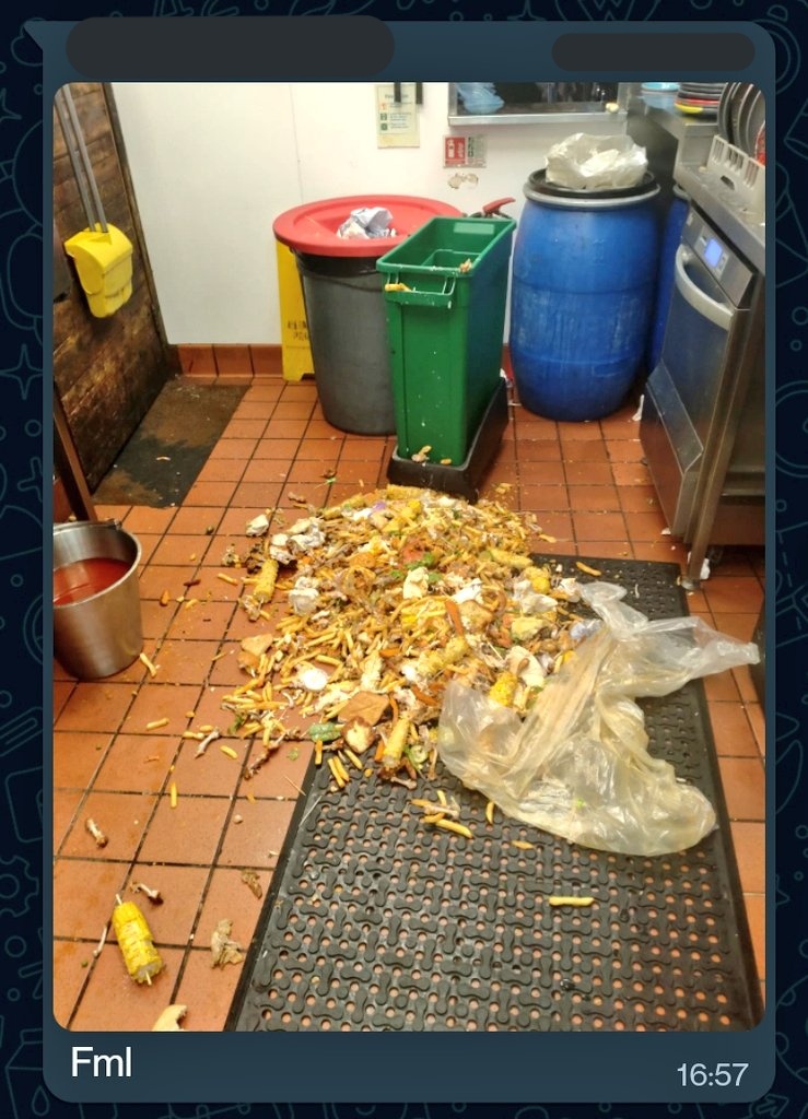 ohnoitmatt's tweet image. the food waste bag at my workplace split and this is what the person that did it put this in the work group chat 😭😭