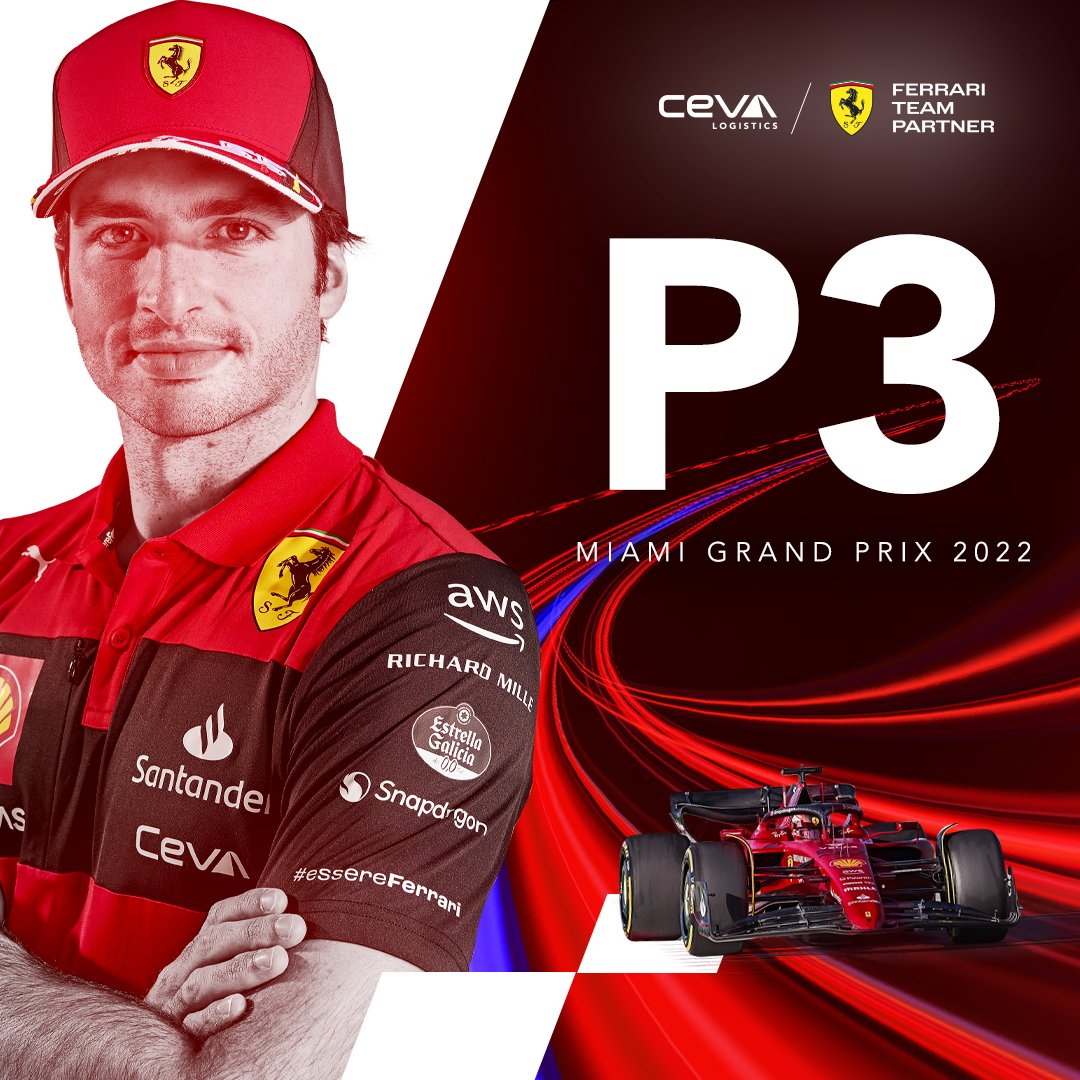 cevalogistics's tweet photo. What a race in the heat of #MiamiGP 🔥 🔥 🔥 

Great drive by @Charles_Leclerc &amp; @Carlossainz55 both on the podium for P2 &amp; P3. Congrats to the whole @ScuderiaFerrari team, for a strong performance all weekend long!

#CEVALogistics #essereFerrari 🔴 #MiamiGP #F1 #cmacgm https://t.co/Q3QgJZo1lG