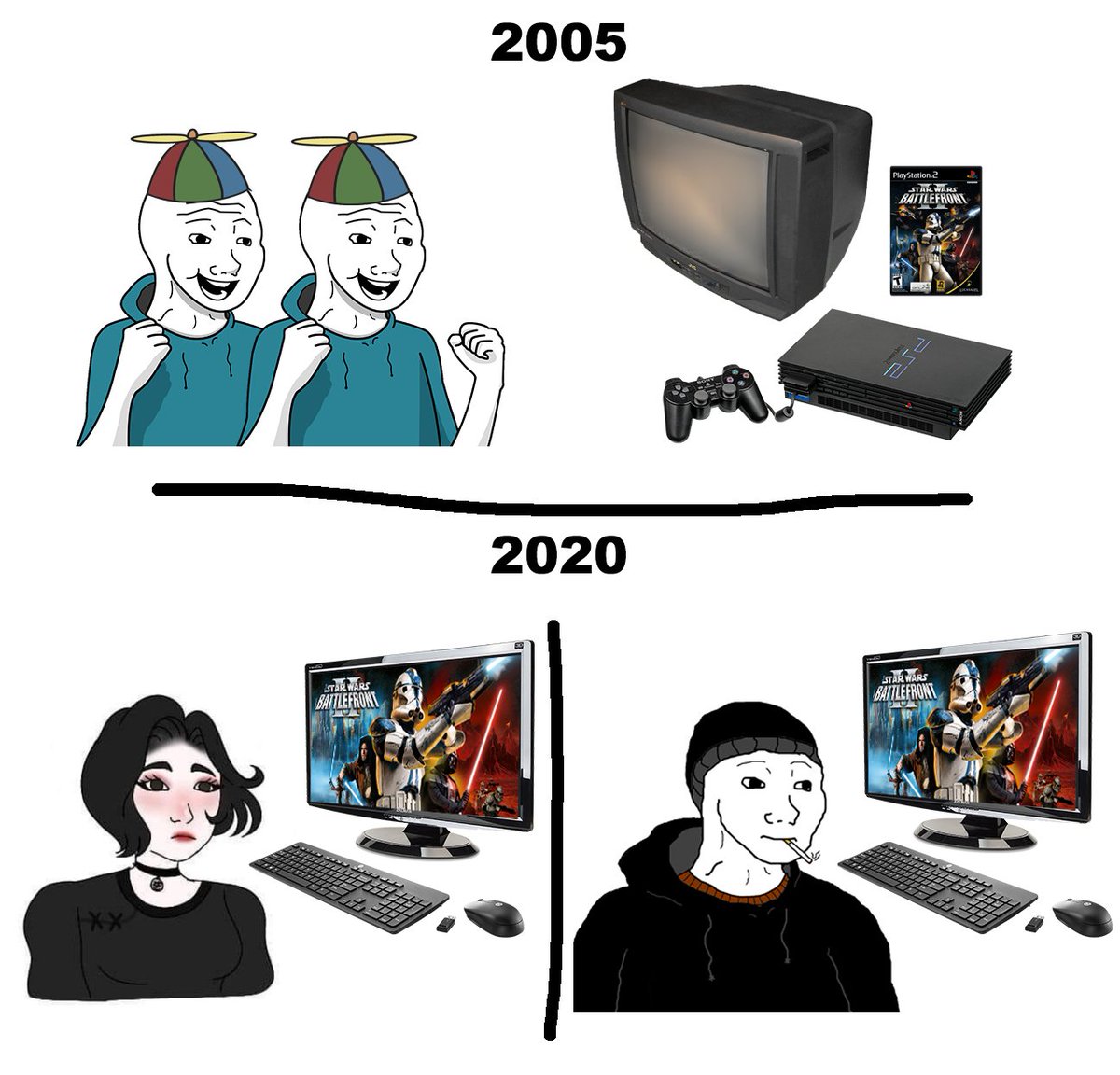 2 young boy wojaks excited to play battlefront on ps2, labeled 2005, then labeled 2020 is a doomer girl wojak and doomer man wojak each separate playing battlefront on pc