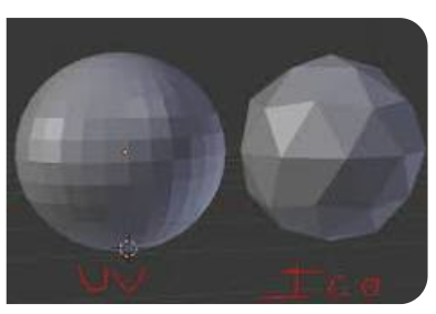 Learning about 3D shapes in Blender. A UV sphere has faces with 4 edges, while an Icosphere has triangular faces.  Interesting......
