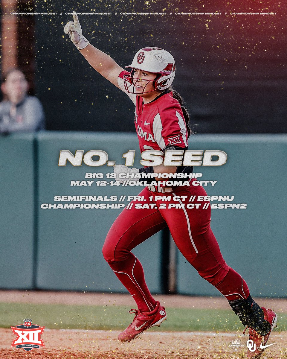 OU_Softball's tweet photo. 𝐍𝐨. 𝟏 𝐒𝐞𝐞𝐝 🏆

#Sooners open the #Big12SB Championship Friday vs. Baylor or Iowa State.

🔗 » https://t.co/phLelEun8X
🎟️ » https://t.co/ZkOQd885wu

#ChampionshipMindset https://t.co/z9q4cdqYvg