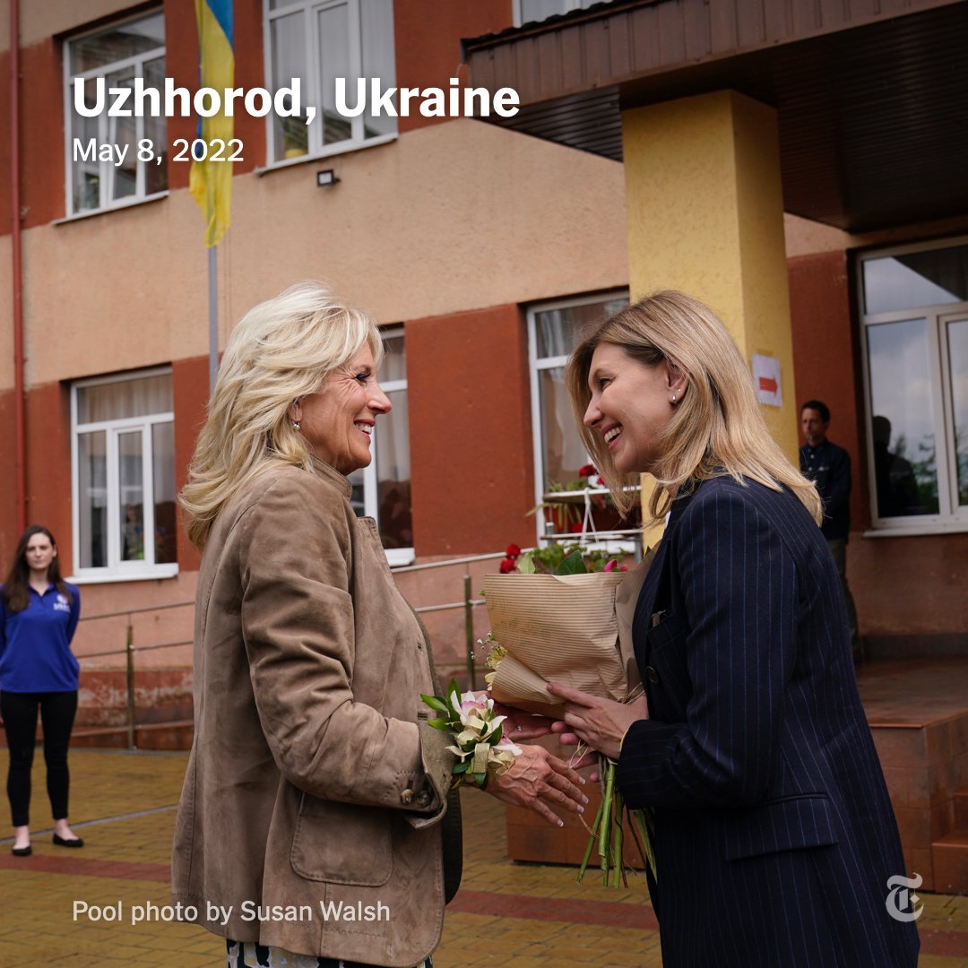 nytimes's tweet photo. Jill Biden met Ukraine’s first lady, Olena Zelenska, in an unannounced trip to western Ukraine on Sunday. Dr. Biden's full-throated call for an end to the war reflected bolder steps the Biden administration has taken to move against Russian aggression. https://t.co/e2O4e368dZ https://t.co/1TUNfwRiOY