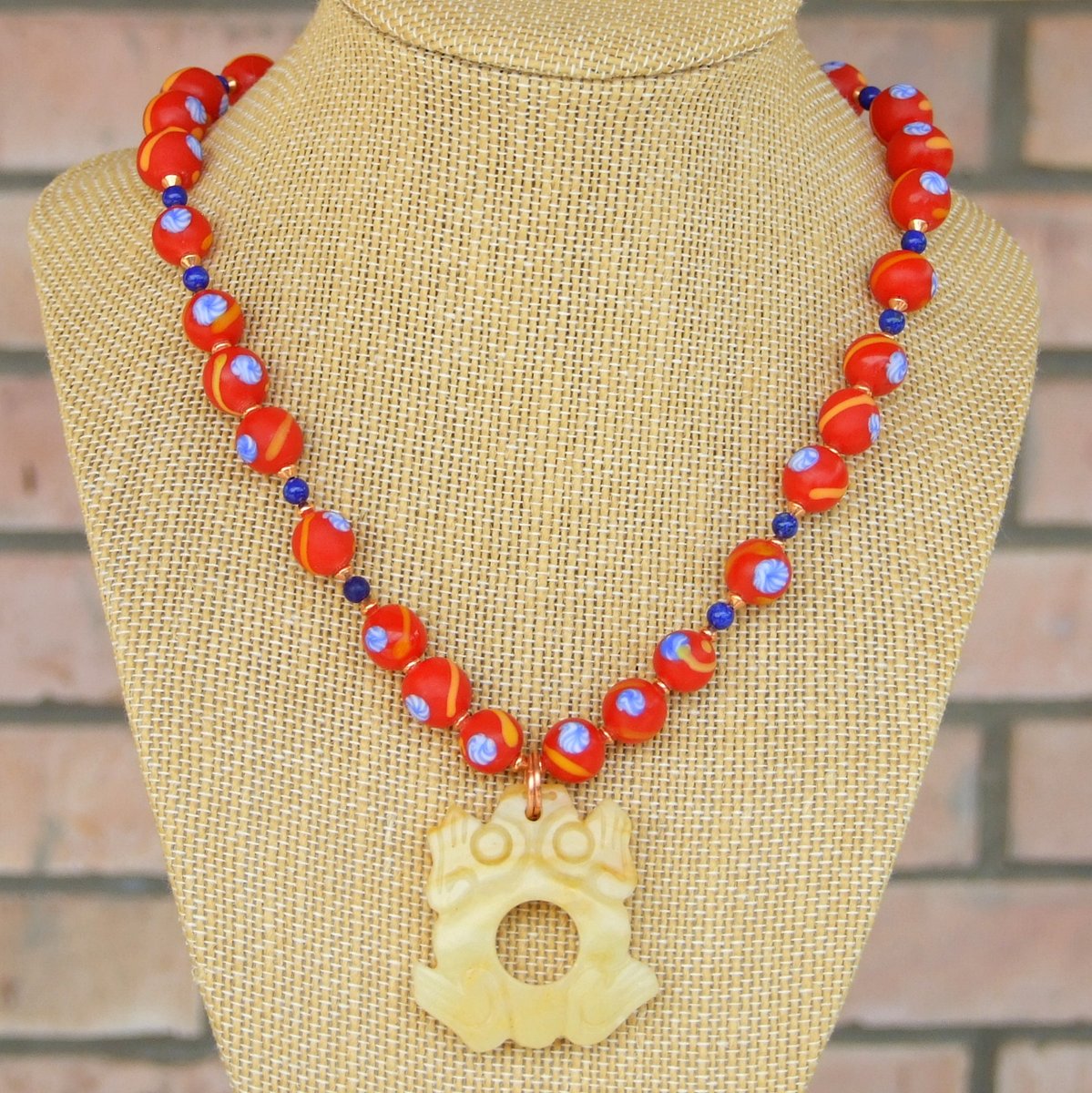 New! Fun carved yellow aventurine #frog pendant #necklace w/ Indonesian glass beads &amp; lapis lazuli! bit.ly/RanaSDD via <a href="/ShadowDogDesign/">Catherine</a> #ShopSmall #FrogNecklace